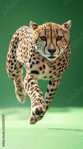 Majestic cheetah with orange eyes running fast on a green background is impressive photo