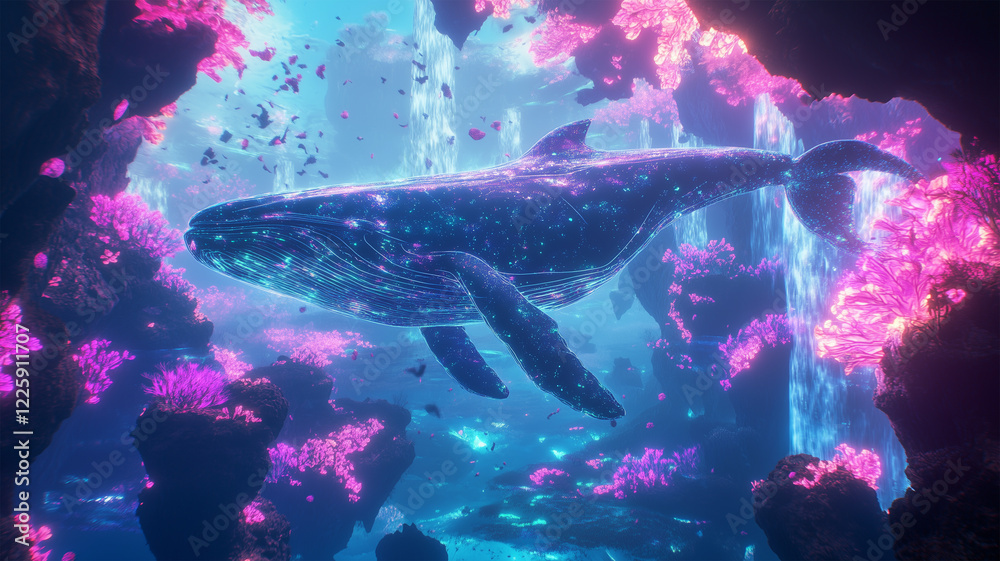 Fototapeta premium デジタルクジラと浮遊する島々が彩るメタバースの幻想的な風景