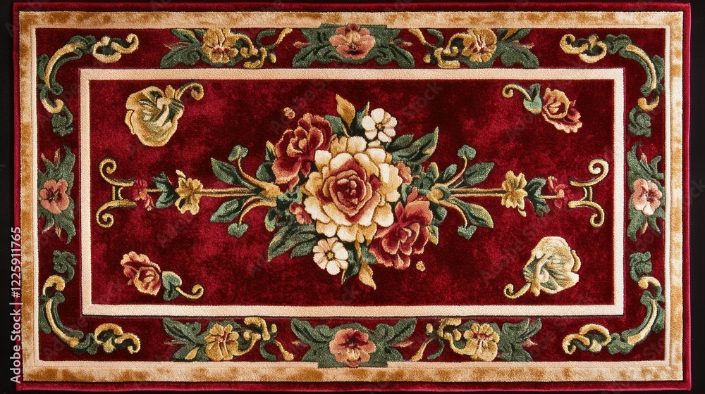 Red floral rug with ornate border. Red floral rug with ornate border.
