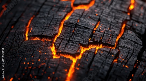 A detailed photorealistic close-up of burnt wood with glowing orange embers visible through cracks, evoking heat, texture, and natural resilience.
