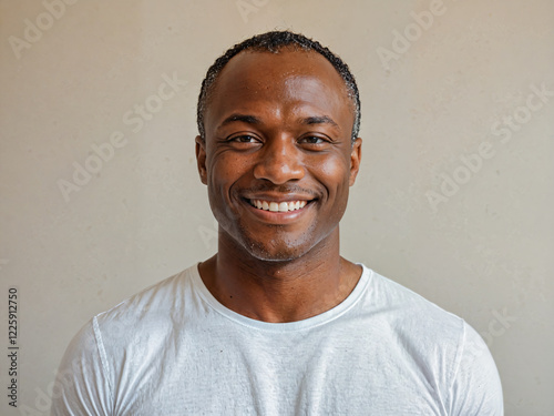 Retrato de un hombre de piel negra joven y apuesto de pie en el interior de una habitación vistiendo una camiseta blanca casual 