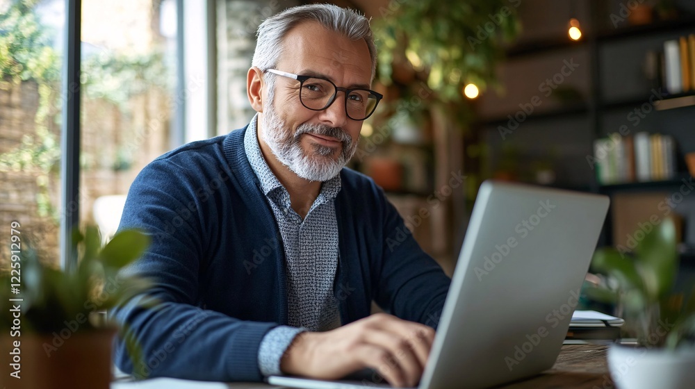 Confident businessman smiling while working on laptop in modern office Confident businessman smiling while working on laptop in modern office
