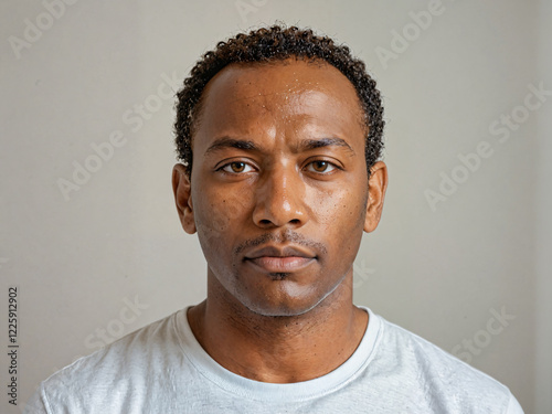 Retrato de un hombre de piel negra joven y apuesto de pie en el interior de una habitación vistiendo una camiseta blanca casual 