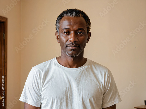 Retrato de un hombre de piel negra y apuesto de pie en el interior de una habitación vistiendo una camiseta blanca casual 