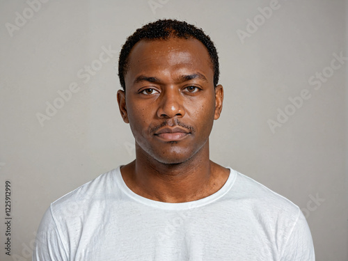 Retrato de un hombre de piel negra joven y apuesto de pie en el interior de una habitación vistiendo una camiseta blanca casual  photo