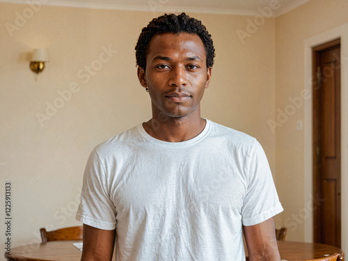 Retrato de un hombre de piel negra joven y apuesto de pie en el interior de una habitación vistiendo una camiseta blanca casual 