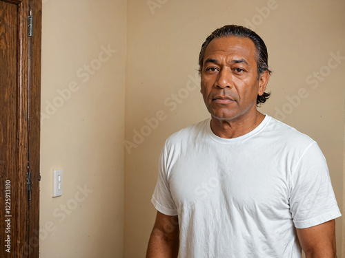 Retrato de un hombre de pie en el interior de una habitación vistiendo una camiseta blanca casual 