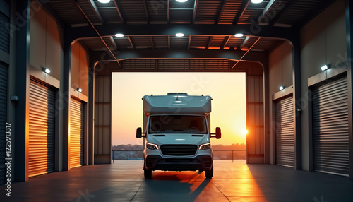 White motorhome parked inside large storage facility at sunset. Open doors reveal beautiful evening sky. Modern vehicle looks ready for trip adventure. Plenty of space for recreational vehicles.