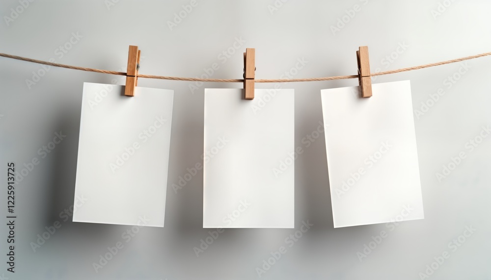 Blank white paper sheets hang from light brown rope with wooden clothespins. Minimalist presentation of empty paper sheets for design mockup. Versatile template for creative artwork. Ideal for Blank white paper sheets hang from light brown rope with wooden clothespins. Minimalist presentation of empty paper sheets for design mockup. Versatile template for creative artwork. Ideal for