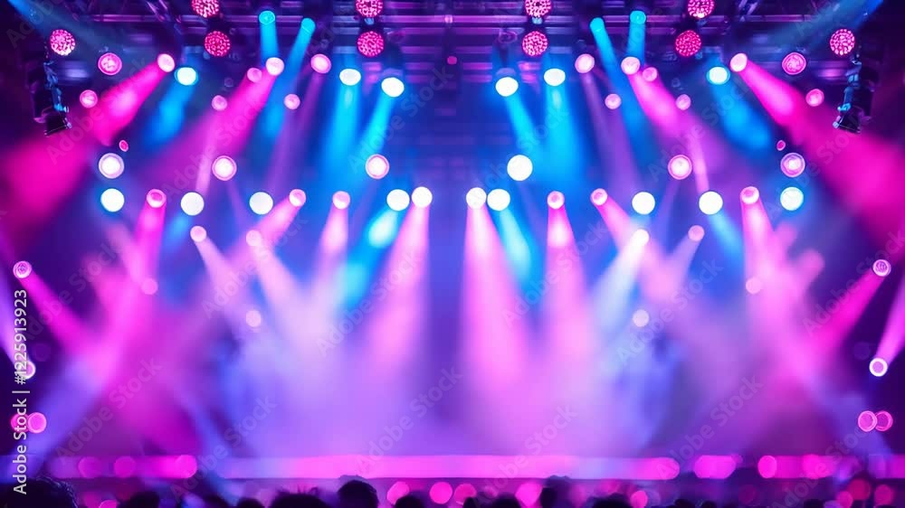 Vibrant concert stage lighting display, soft focus beams of purple, pink, blue hues creating dynamic atmosphere, visual spectacle for live performances, Copy space.