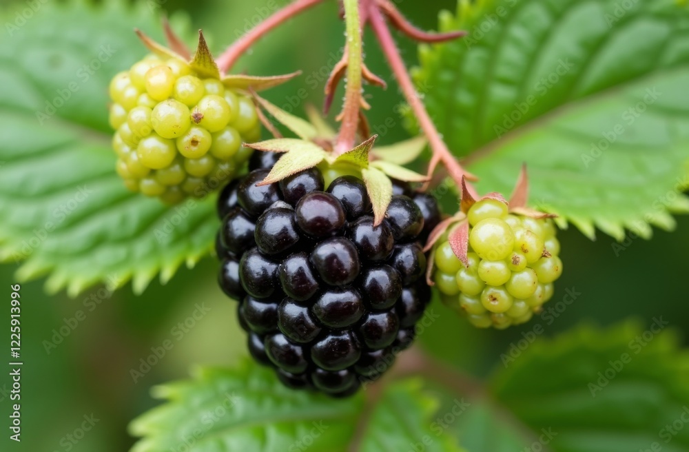 Close-up of a ripe blackberry surrounded by two unripe green berries on a plant, with detailed texture and vibrant green leaves in the background Close-up of a ripe blackberry surrounded by two unripe green berries on a plant, with detailed texture and vibrant green leaves in the background