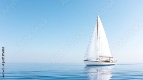 White sailboat sailing on calm blue ocean water under a clear sunny sky.