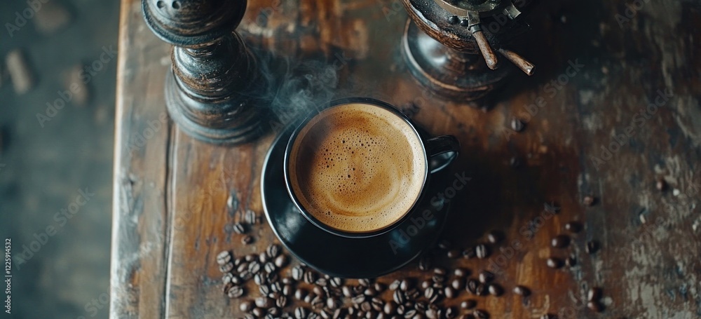 Aromatic Coffee Steam on Rustic Wood Aromatic Coffee Steam on Rustic Wood