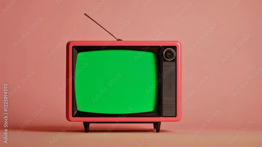 Retro Vintage TV with Green Screen Display on Pink Background for Nostalgic Media Concept Art and Technology Theme Design