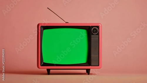 Retro Vintage TV with Green Screen Display on Pink Background for Nostalgic Media Concept Art and Technology Theme Design