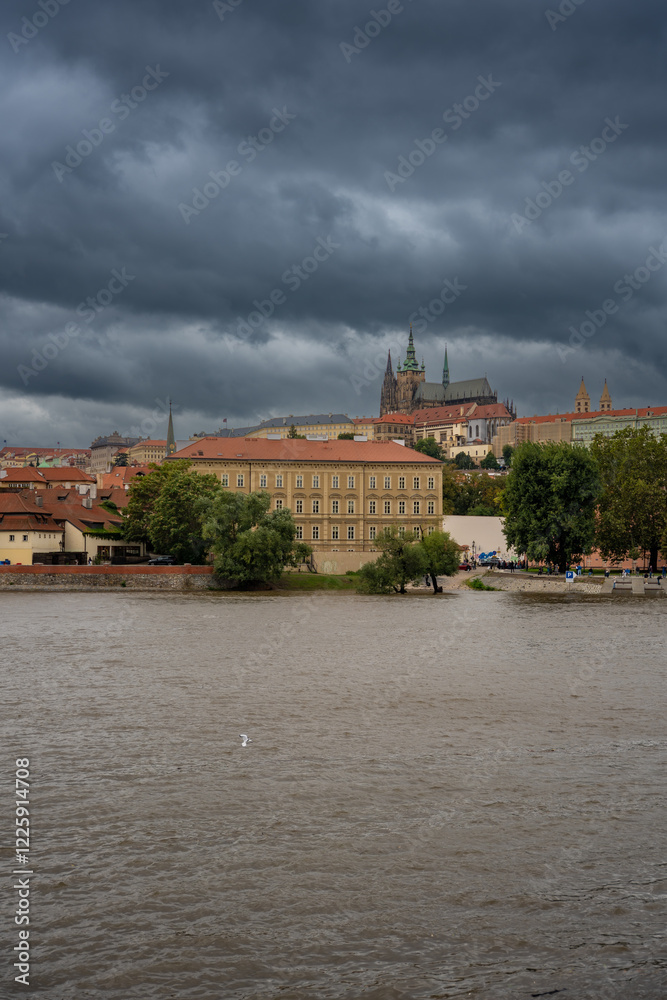 Flood in Prague. View of Prague Castle across the flooding river Vltava, Prague Flood in Prague. View of Prague Castle across the flooding river Vltava, Prague