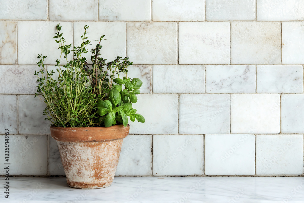 Naklejka premium Fresh herbs in a rustic pot against a textured marble wall, creating a cozy kitchen atmosphere