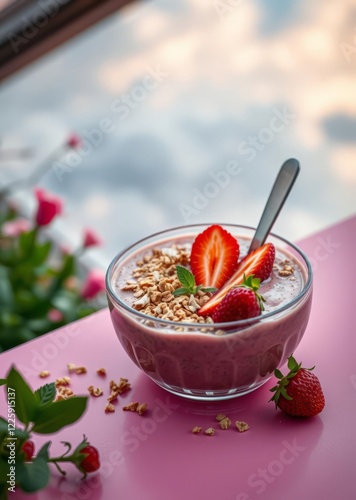 Breakfast with granola coconut and strawberry smoothie in a bowl on a pink light background spring diet menutop view Super Bowl football game sport ball american superbowl photo