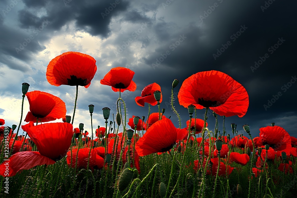 Obraz premium The vibrant contrast of a poppy field against a stormy sky, with bright red flowers.