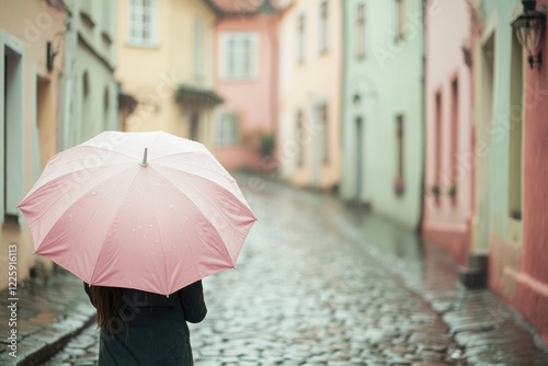 A person with a pink umbrella walks down a rain-soaked cobblestone street in a charming, pastel-colored town.