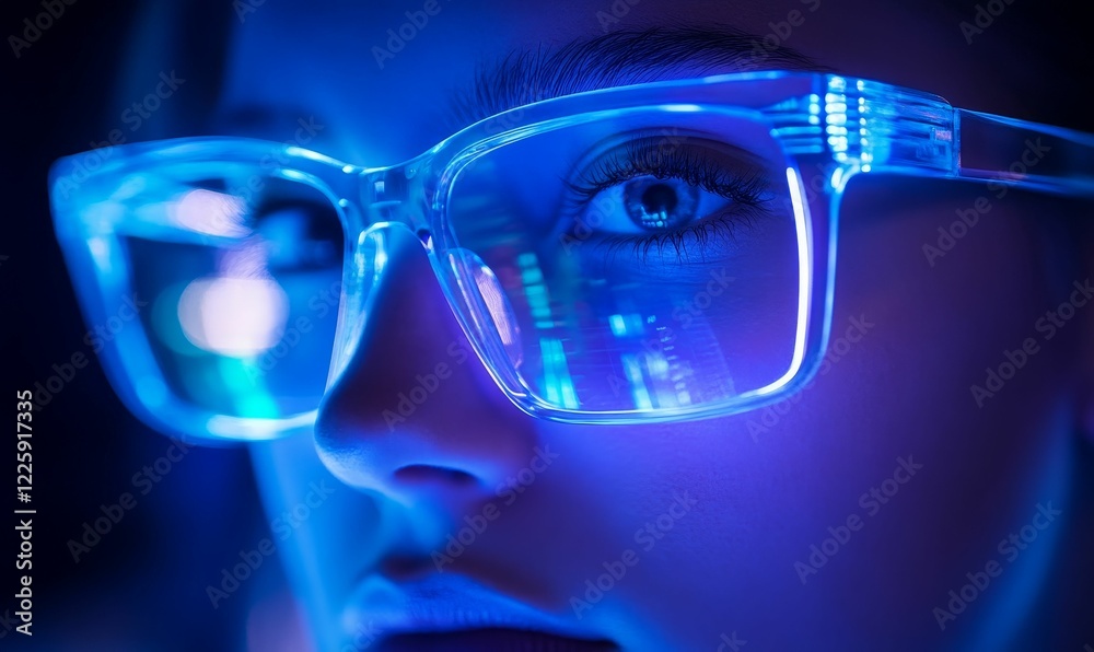 Person in glasses with bright blue lighting. Person in glasses with bright blue lighting.