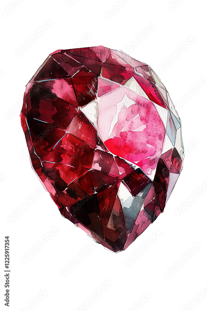 Vibrant Red Gemstone Depicted With Intricate Facets and Watercolor Technique Showcasing Deep Colors and Light Reflections Vibrant Red Gemstone Depicted With Intricate Facets and Watercolor Technique Showcasing Deep Colors and Light Reflections