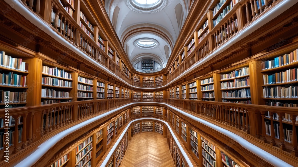 Obraz premium Grand library with wooden bookshelves and arched ceilings