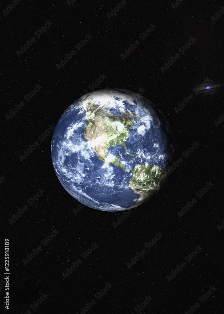 Planet Earth of solar system in the space with far galaxy on the background. Vertical 3D rendered illustration. Metaverse virtual space concept. Elements of this image were furnished