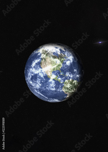 Obraz na płótnie Planet Earth of solar system in the space with far galaxy on the background. Vertical 3D rendered illustration. Metaverse virtual space concept. Elements of this image were furnished w salonie