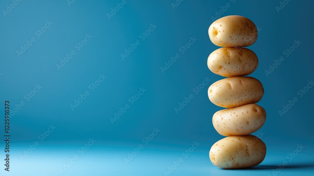 Stack of four potatoes balanced against blue background