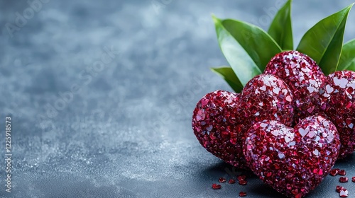Red glitter hearts with leaves on dark background; Valentine's Day card