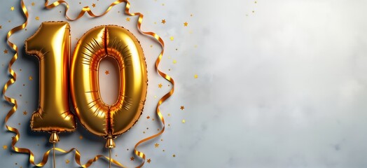 Golden foil balloon number ten on gray concrete background. Birthday anniversary celebration. Party decor with ribbons, confetti. Anniversary card with inscription 10. Tenth year celebration. Top