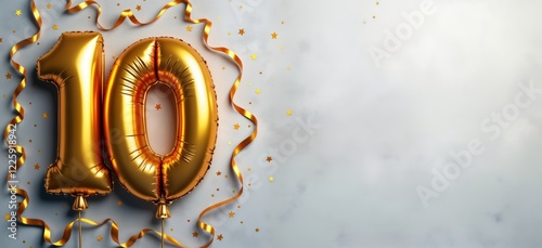 Golden foil balloon number ten on gray concrete background. Birthday anniversary celebration. Party decor with ribbons, confetti. Anniversary card with inscription 10. Tenth year celebration. Top