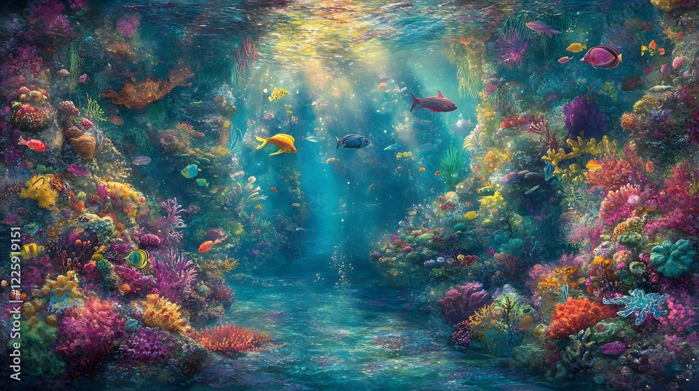 Fototapeta premium Vibrant Underwater Coral Reef Scene with Colorful Fish