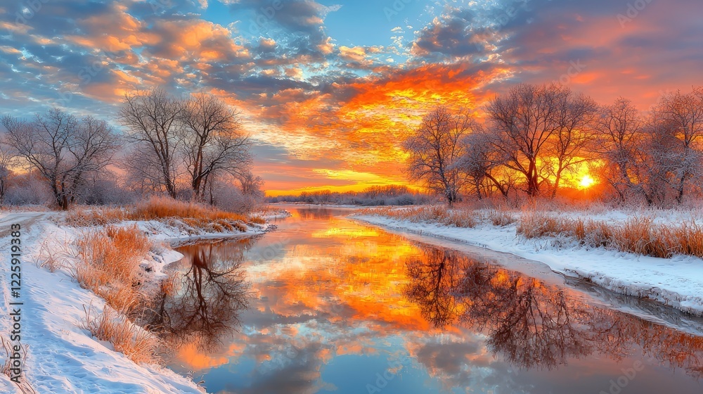 Naklejka premium Winter sunrise over frosty river reflecting vibrant sky