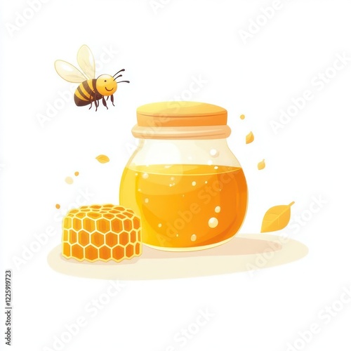 Honey jar with honeycomb and bee, healthy food illustration photo