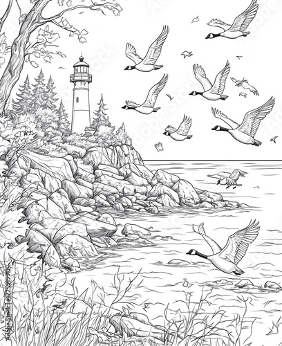 A beautiful black-and-white drawing of a lighthouse with birds flying above a rocky coastline. The scene is tranquil and natural. photo