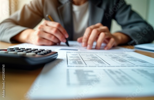 Person carefully fills tax forms. Person concentrates on documents, calculator. Individual struggles with complex tax calculation. Possible tax burden, financial difficulty. Person pays taxes, files photo