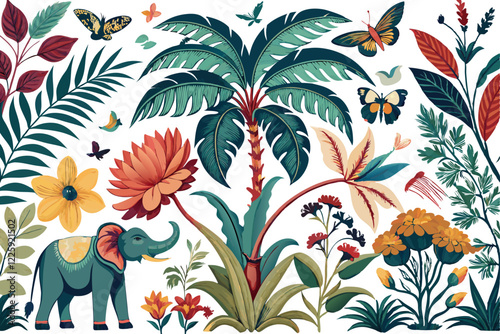Vintage botanical palm tree, Indian elephant, floral tree, butterfly, bird, plant floral seamless border. Exotic chinoiserie mural.
