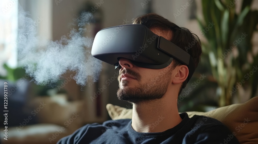 Fototapeta premium VR and AR technology futuristic concept. Man wearing 3d VR headset glasses looks up in cyberspace of metaverse. Virtual reality or Augmented reality world simulation. Digital computer entertainment.
