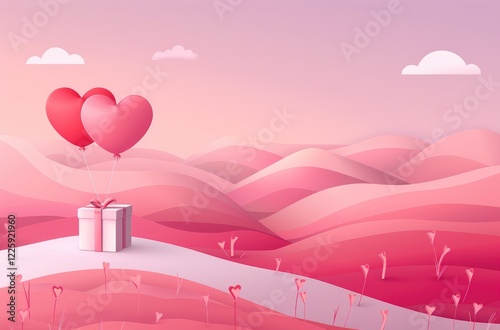 Flat vector Valentine’s Day background featuring floating hearts, soft pink landscape, and romantic paper gift box, for celebration posters or love cards