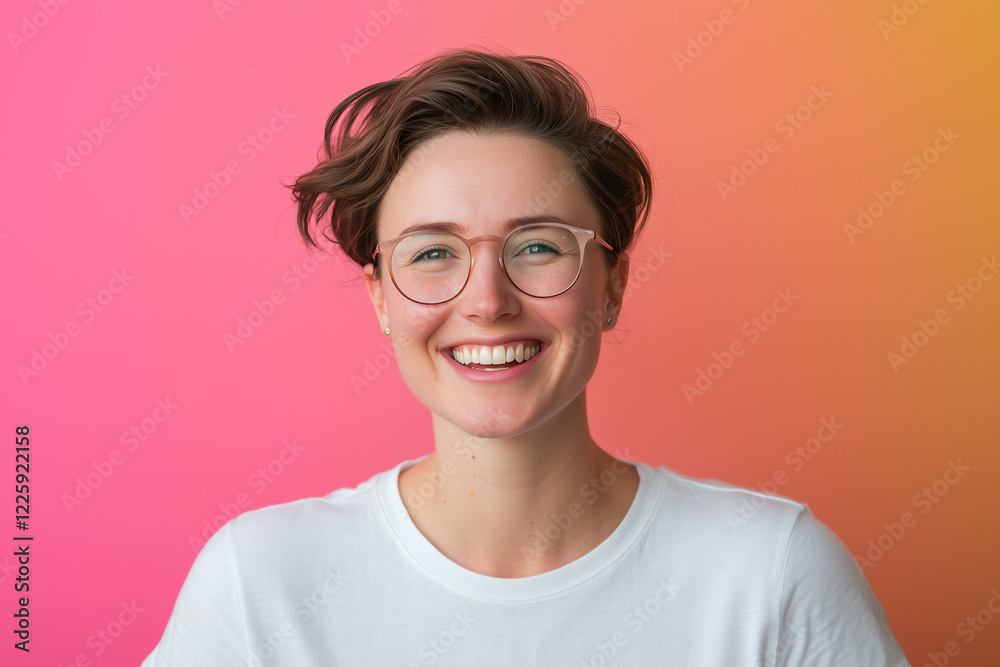 Fototapeta premium smile, portrait of a woman in his 25s wearing a white t-shirt with a gradient background, with glasses