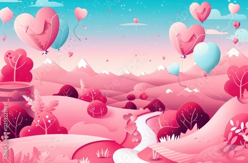 Pink Valentine’s Day landscape with gift box and heart-shaped balloons in paper art style, vector illustration for romantic card or festive banner design