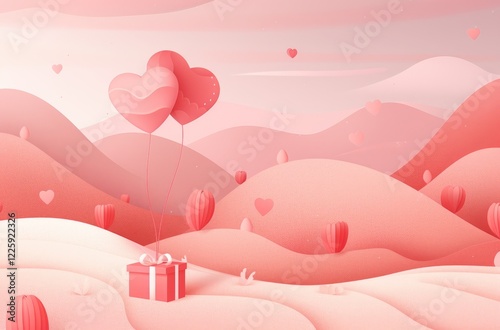 Paper art style Valentine’s Day illustration with pink landscape, heart balloons, and a gift box, ideal for romantic banners, posters, or greeting card templates