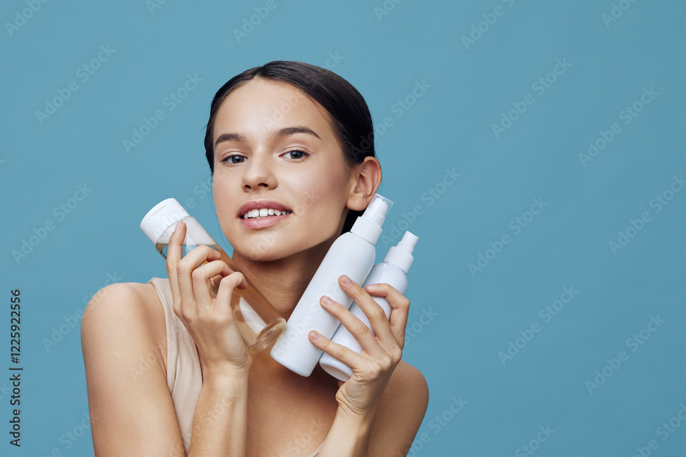 Young woman holding skincare products with a joyful expression against a soft blue background, showcasing beauty and healthy skincare concepts Young woman holding skincare products with a joyful expression against a soft blue background, showcasing beauty and healthy skincare concepts