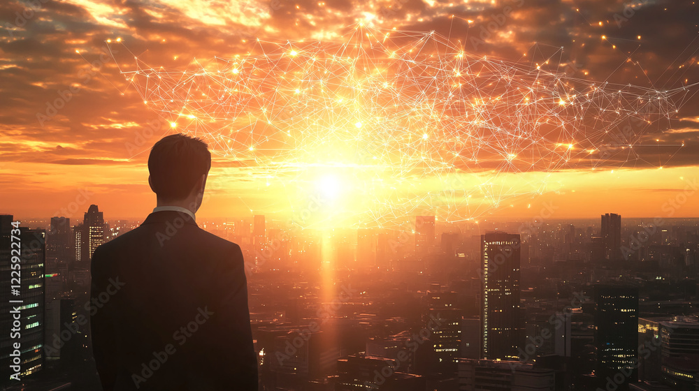 Fototapeta premium Businessman overlooking a futuristic city skyline at sunset with a glowing digital network, symbolizing technology, innovation, and global business connectivity