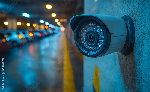 A security camera is mounted on a wall in a parking garage. The camera is pointed at the street and the cars parked in the lot. The scene is dark and the camera is lit up