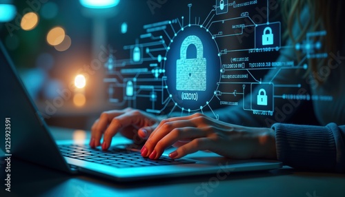 Woman works on laptop securing data. Protects personal info, banking online. Tech expert safeguards cyberspace. Uses firewall interface in dark room. Cyber protection, security concept. Focus on tech