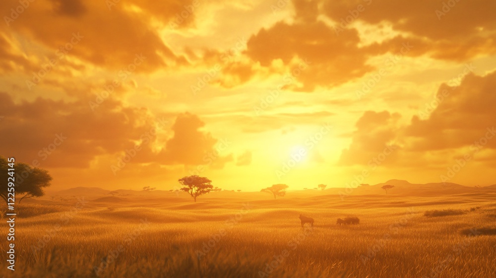 Golden Sunset Over African Savannah with Animals, Grasslands and Trees Golden Sunset Over African Savannah with Animals, Grasslands and Trees