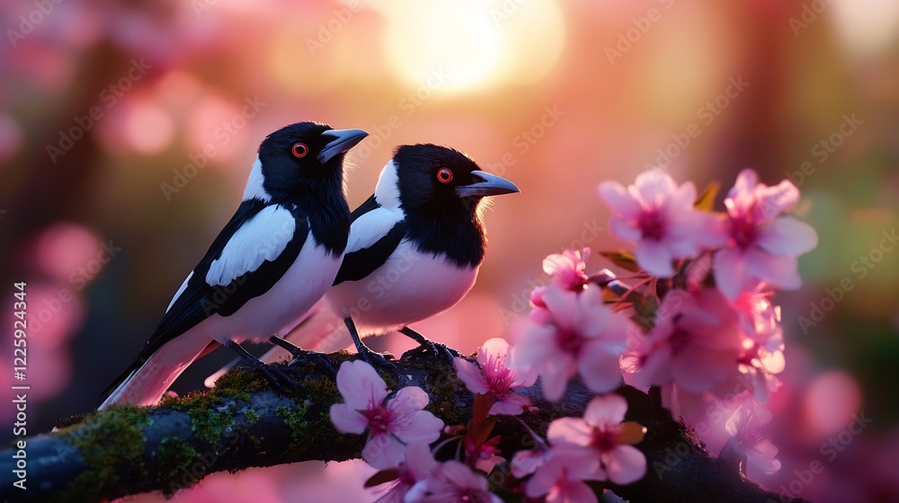 Obraz premium Two Magpies Perched on a Branch of Cherry Blossoms at Sunset